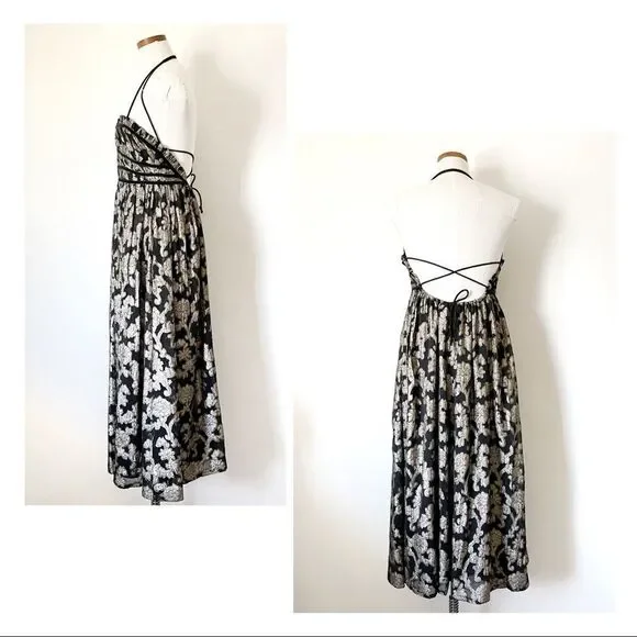 Free People Charlie Bustier Gold Metallic print Maxi dress tiered XS - Picture 4 of 8